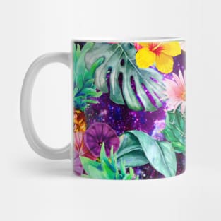 tropical pineapple exotic botanical illustration with floral tropical fruits, dark purple fruit pattern over a Mug